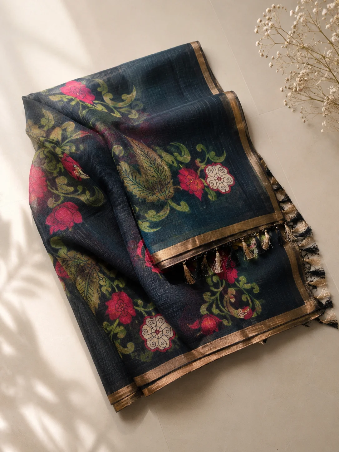 Wild flower black linen cotton saree, Linen Cotton saree by Allies Atelier