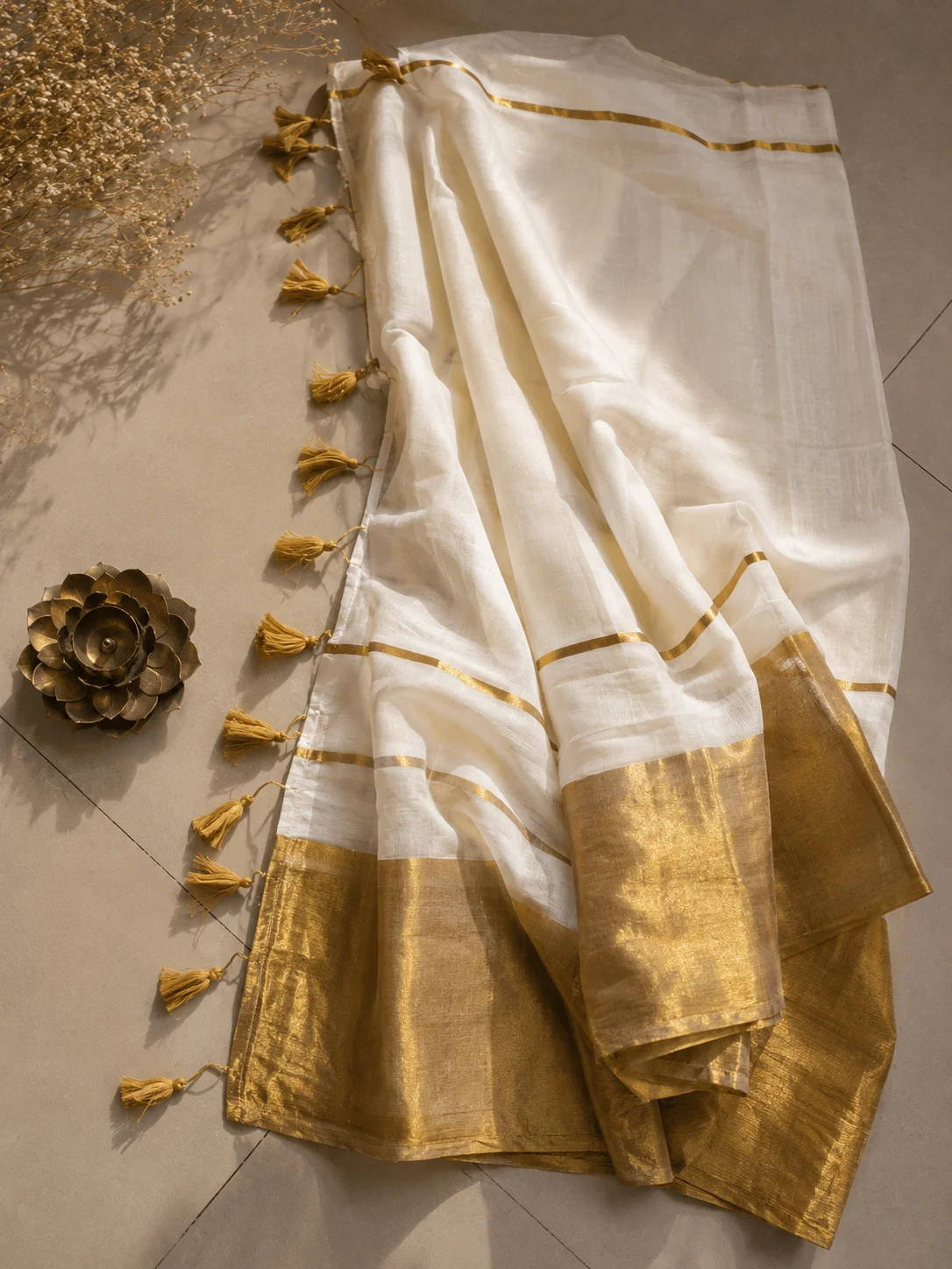 Mul cotton Onam Saree, Kanjivaram silk saree by Allies Atelier