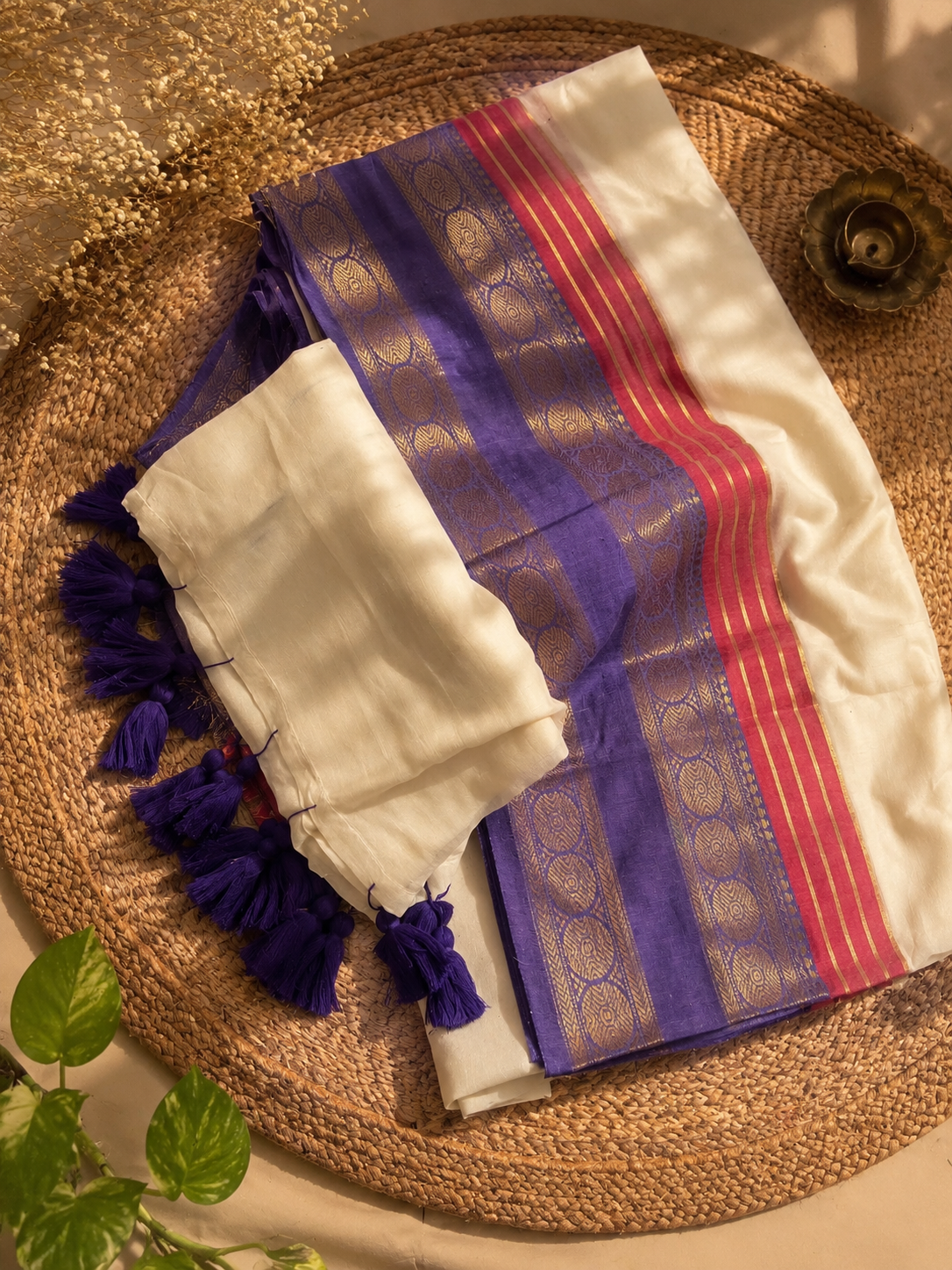Mul cotton purple -coral kanji border saree, Handloom cotton saree by Allies Atelier