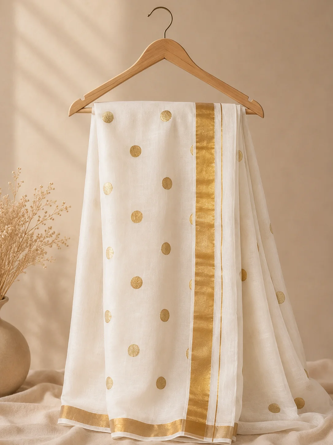 Silk saree with gold border folded on ivory linen