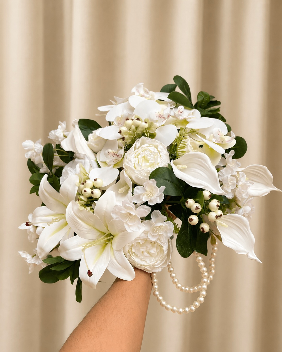 White and green multi flowered bouquet , everlasting bridal bouquet by Allies Atelier