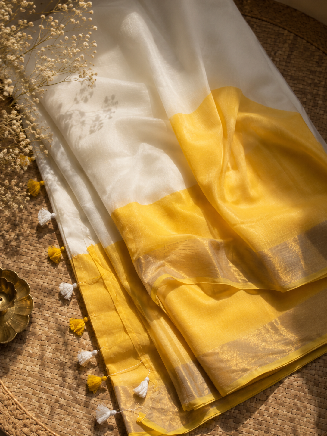 Mul cotton yellow saree, Kanjivaram silk saree by Allies Atelier